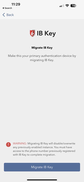 The migrate IB Key page for the iPhone. 